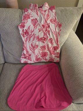 Gottex White & Hot Pink Floral Sleeveless Top with Hot Pink Skater Skirt